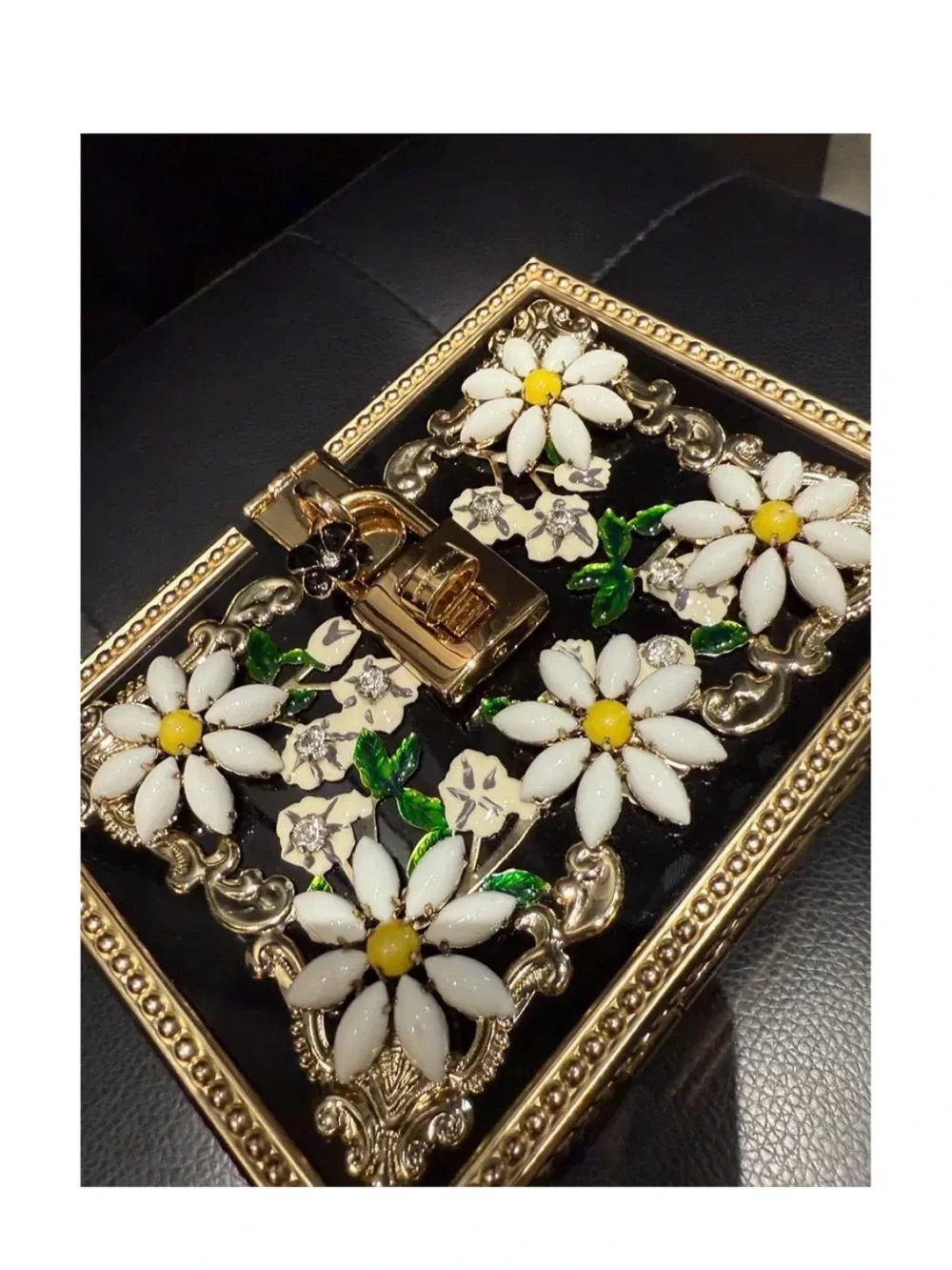 Dolce & Gabbana Gold Floral Daisy Box Clutch - Black/White/Yellow